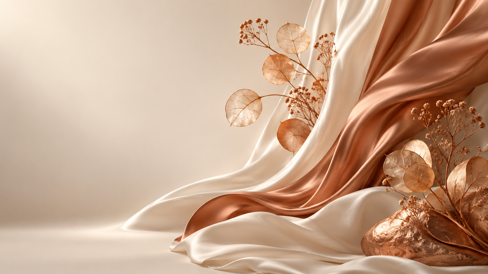 Illustrative silk and botanical artwork in ivory and copper rose